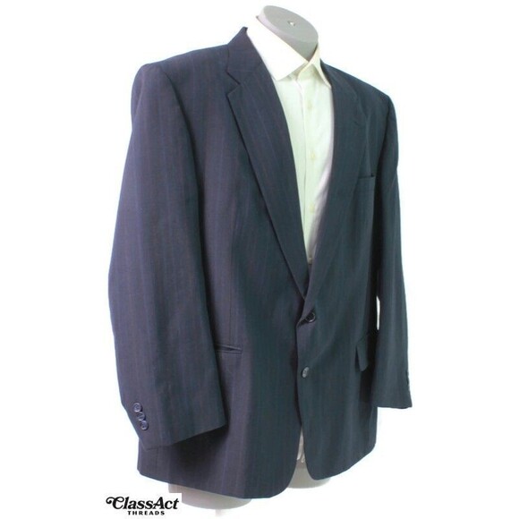 Towncraft 2 Piece Suit Men Blue Striped Wool Blend 2 Btn 48R Pleated Fronts 42 W - Picture 3 of 9